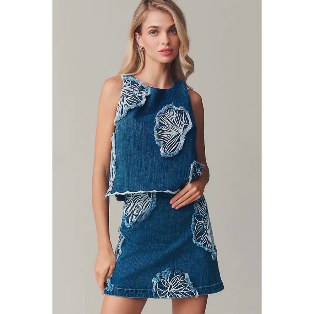 NWT Maeve Floral Embroidered Denim Mini Skirt. Size M. Ret. $118